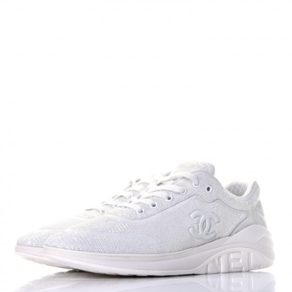 CHANEL Sequin CC‎ Sneakers White Size 10